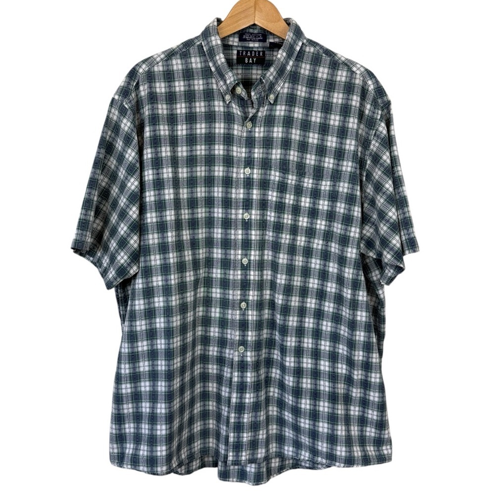 Trader Bay Men's Green Blue Plaid Casual Short Sleeve Button Down Shirt Size 2XL
